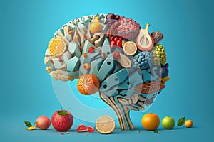 Various Fruits forming a creative brain, Eating healthy food as nutrition to improve memory and thinking. Generative ai