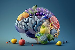 Various Fruits forming a creative brain, Eating healthy food as nutrition to improve memory and thinking. Generative ai