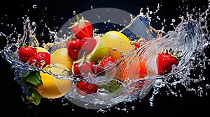 Various fruits had water splashing around them. The details are very realistic, the shades are beautiful