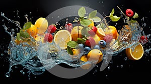 Various fruits had water splashing around them. The details are very realistic, the shades are beautiful