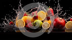 Various fruits had water splashing around them. The details are very realistic, the shades are beautiful