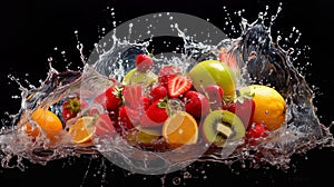 Various fruits had water splashing around them. The details are very realistic, the shades are beautiful