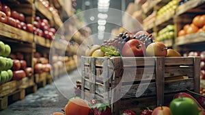 Various fruits harvested in wooden boxes in a warehouse.