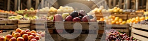 Various fruits harvested in wooden boxes in a warehouse.