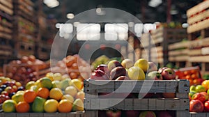 Various fruits harvested in wooden boxes in a warehouse.