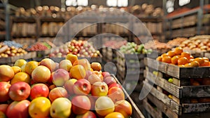 Various fruits harvested in wooden boxes in a warehouse.