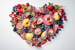 Various Fruits in the heart shape, Healthy fresh fruits background. Generative AI