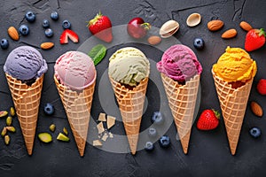 Various of fruits ice cream flavor in cones on black stone background. Top view