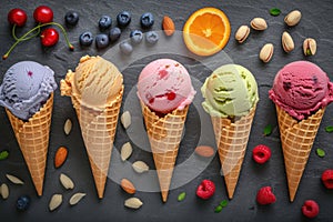 Various of fruits ice cream flavor in cones on black stone background. Top view