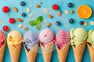 Various of fruits ice cream flavor in cones on blue background