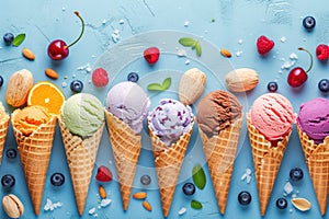 Various of fruits ice cream flavor in cones on blue background