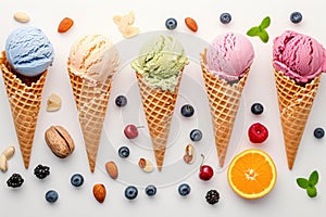 Various of fruits ice cream flavor in cones on white background