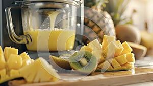 Various fruits like oranges, strawberries, and kiwis are neatly sliced on a wooden cutting board