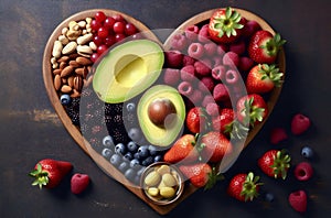 various fruits and nuts arranged in the shape of a heart represent the concept of healthy food