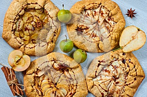 Various fruits tarts with chocolate topping on the gray concrete background. Vegetarian healthy autumn dessert - galette