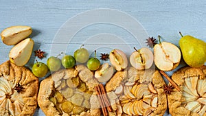 Various fruits tarts decorated with spices - cinnamon and anise stars on the gray concrete background. Vegetarian healthy galette