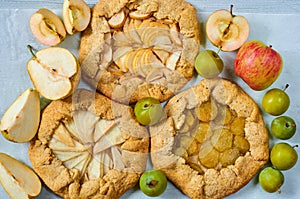 Various fruits tarts - galette with fresh apples, plums and pears on the gray concrete table. Vegetarian healthy autumn dessert
