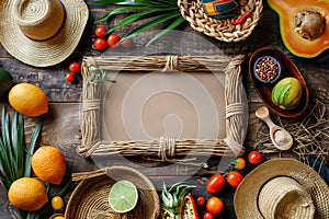 Various fruits and vegetables encircle an empty picture frame in a vibrant display