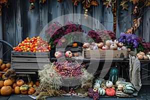 Various fruits and vegetables showcased on a table at a farmers market, A bountiful harvest displayed at a farmer\'s market