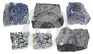 Various gabbro stones cutout on white