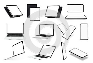 Various gadgets mockups. Laptop, Tablet and Mobile Phone. Realistic 3D devices with blank screen in isometric, frontal