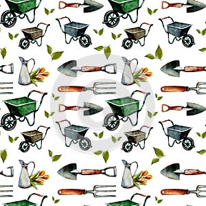 Colorful garden tools and wheelbarrows form a playful pattern on a white background photo