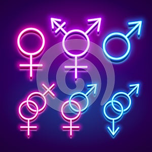 Various gender identities and sexualities, neon glowing icons, v