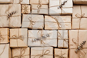 Various gift boxes wrapped in eco-friendly craft paper