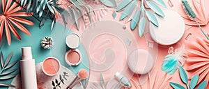 Various glamour make up products. Top view of a fashion cosmetic template for a website or backdrop. Flat design modern