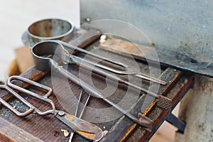Various Glass Blowing Old Tools, Close View