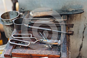 Various Glass Blowing Old Tools, Close View