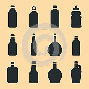 Various glass bottle icon set. For drinks, water, soda, wine, alcohol, beverages