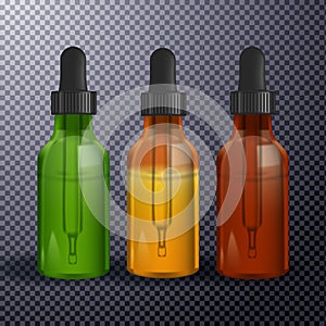 Various glass bottles with CBD oil, THC tincture and hemp leaves on a marble background. Flat lay, minimalism. Cosmetics CBD oil