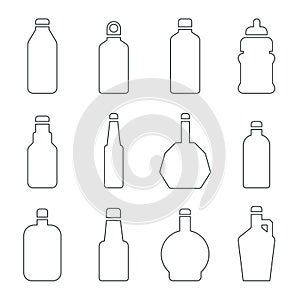 Various glass outline bottle icon set. Thin line silhouette.