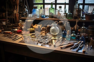 various glassblowing tools on workshop table