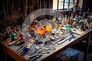 various glassblowing tools on workshop table