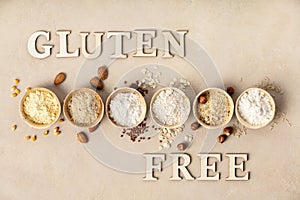 Various gluten free flour almond flour, oatmeal flour, buckwheat flour, rice flour, corn flour and gluten free lettering