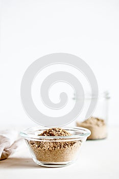 Various gluten free flour corn,sesame,oat,coconut in glass bowl on white background