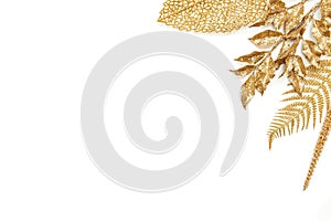 Various golden leaves over white background. Copy space