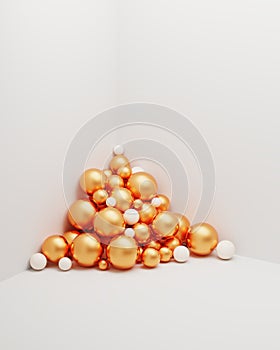 Various golden and white spheres of different sizes in corner, on white background. 3D rendering