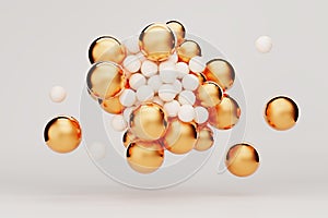 Various golden and white spheres of different sizes, on white background. 3D rendering