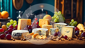 Various gourmet cheeses, fresh grapes delicacy the table in the kitchen products natural traditional