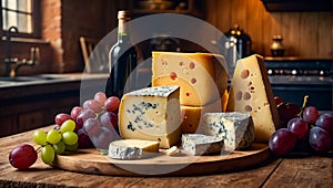 Various gourmet cheeses, fresh grapes on the table in the kitchen products