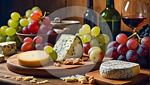 Various gourmet cheeses, fresh grapes, wine appetizer the different in the kitchen italian delicatessen