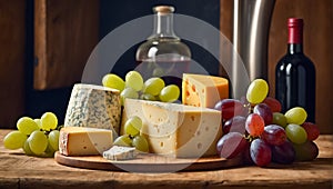 Various gourmet cheeses, fresh grapes, wine assortment the different in the kitchen italian delicatessen