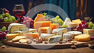 Various gourmet cheeses, fresh grapes, wine assortment the table in the kitchen italian delicatessen