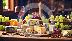 Various gourmet cheeses, fresh grapes, wine on the table in the kitchen