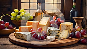 Various gourmet cheeses, fresh grapes, wine appetizer lunch different in the kitchen italian delicatessen