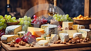 Various gourmet cheeses, fresh grapes, wine on the table in the kitchen italian delicatessen