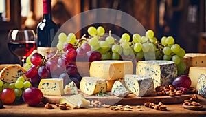 Various gourmet cheeses, fresh grapes, wine on the table in the kitchen italian